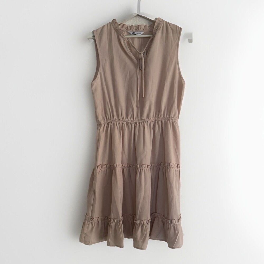 Cupshe NWT Refined Ruffle Beige Mini Dress Sz M Western Mediterranean Vacation - Picture 7 of 16